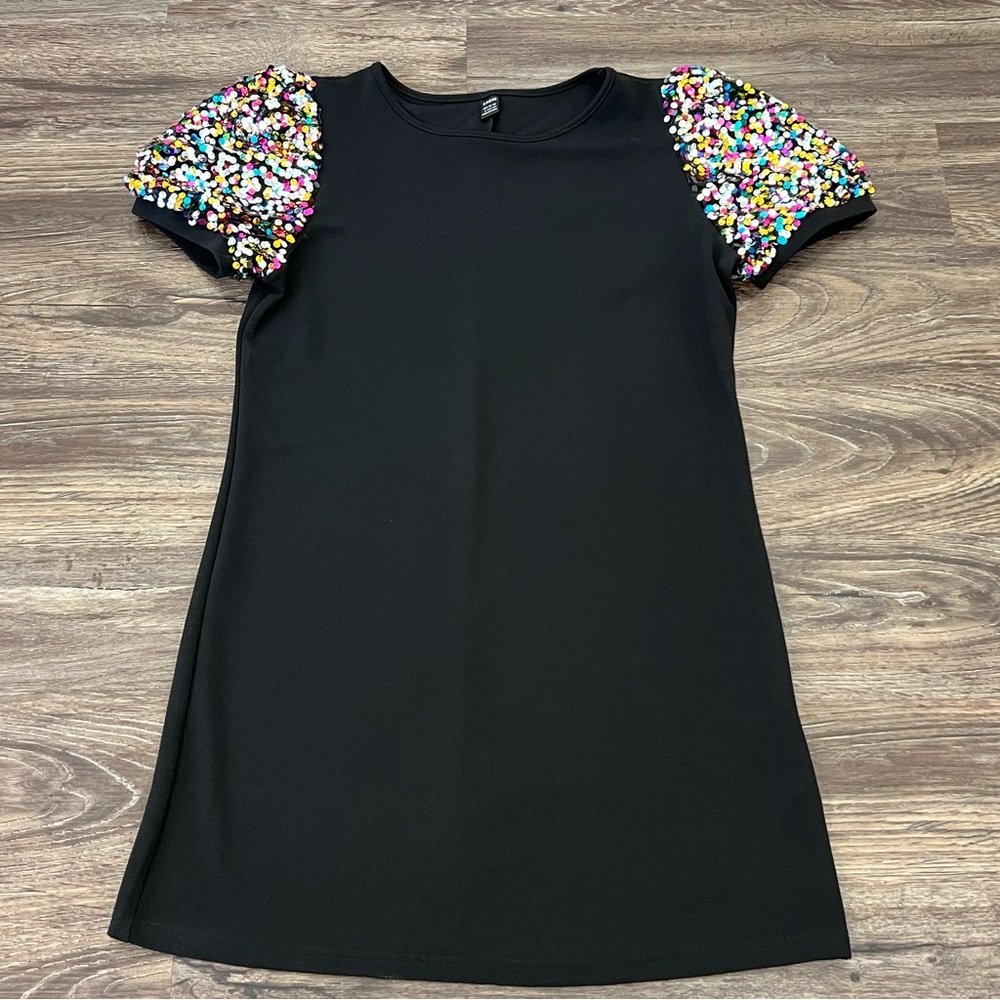 SHEIN Women's Black Dress‎ With Colorful Sequined Sleeves Size Large